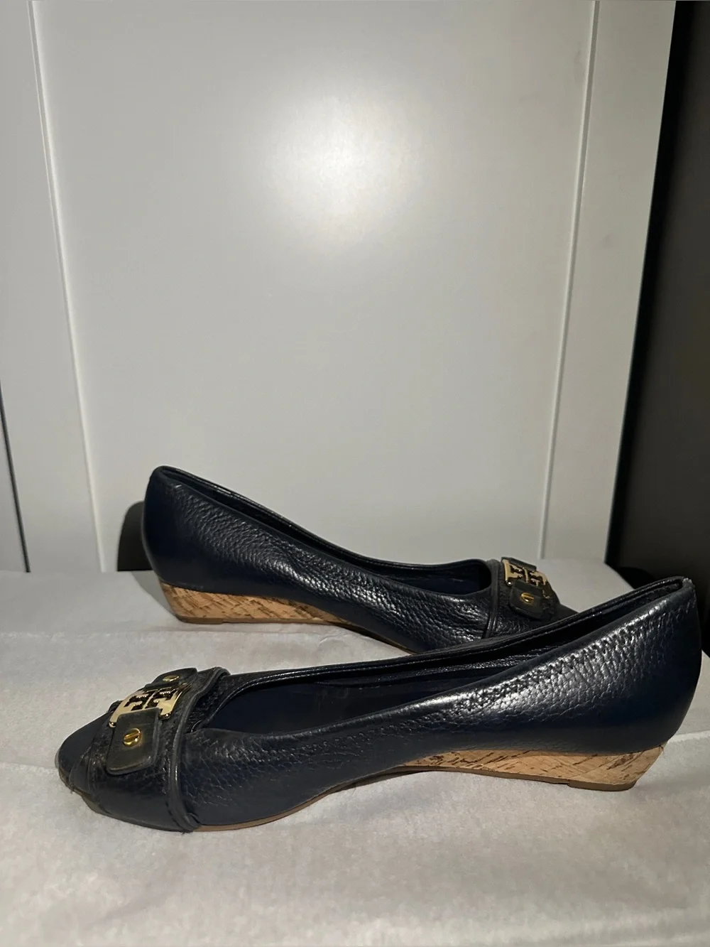 Tory Burch Navy Blue Leather Peep-Toe Kitten Heel Wedge with Gold Logo Accent